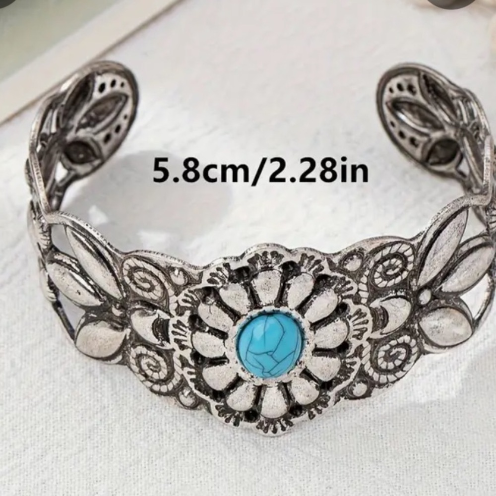TURQUOISE Chic Embossed Boho Open Silver Wide Cuff Bracelet NIB - Picture 4 of 6